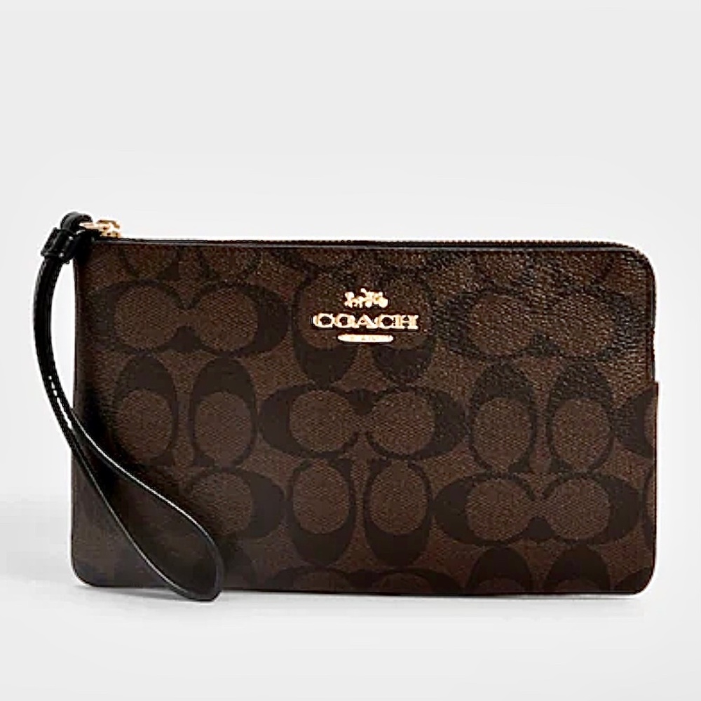 Coach LRG Corner “SINGLE Zip” Wristlet Brown/Black (w/ Coach paper gift bag)